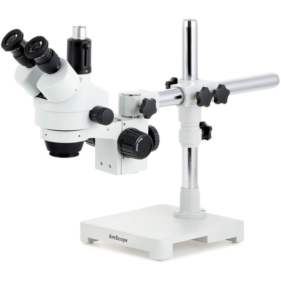 AmScope SM-3 Series Simul-Focal Zoom Trincocular Stereo Microscope 7x-90x Magnification on Single Arm Boom Stand-Jacobs Digital