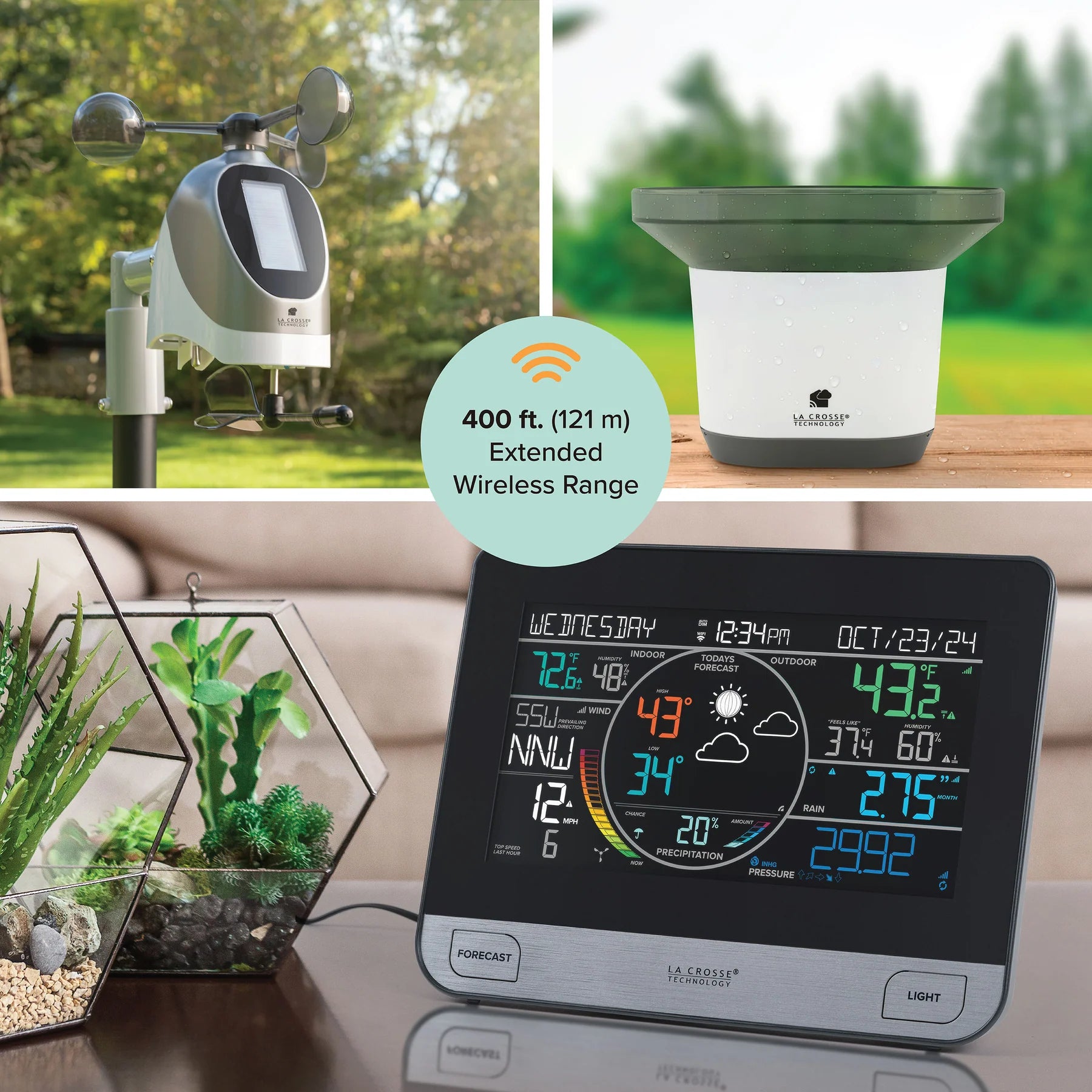 La Crosse V61 display with Breeze Pro wind sensor and self-emptying rain gauge showing up to 121 metre wireless range