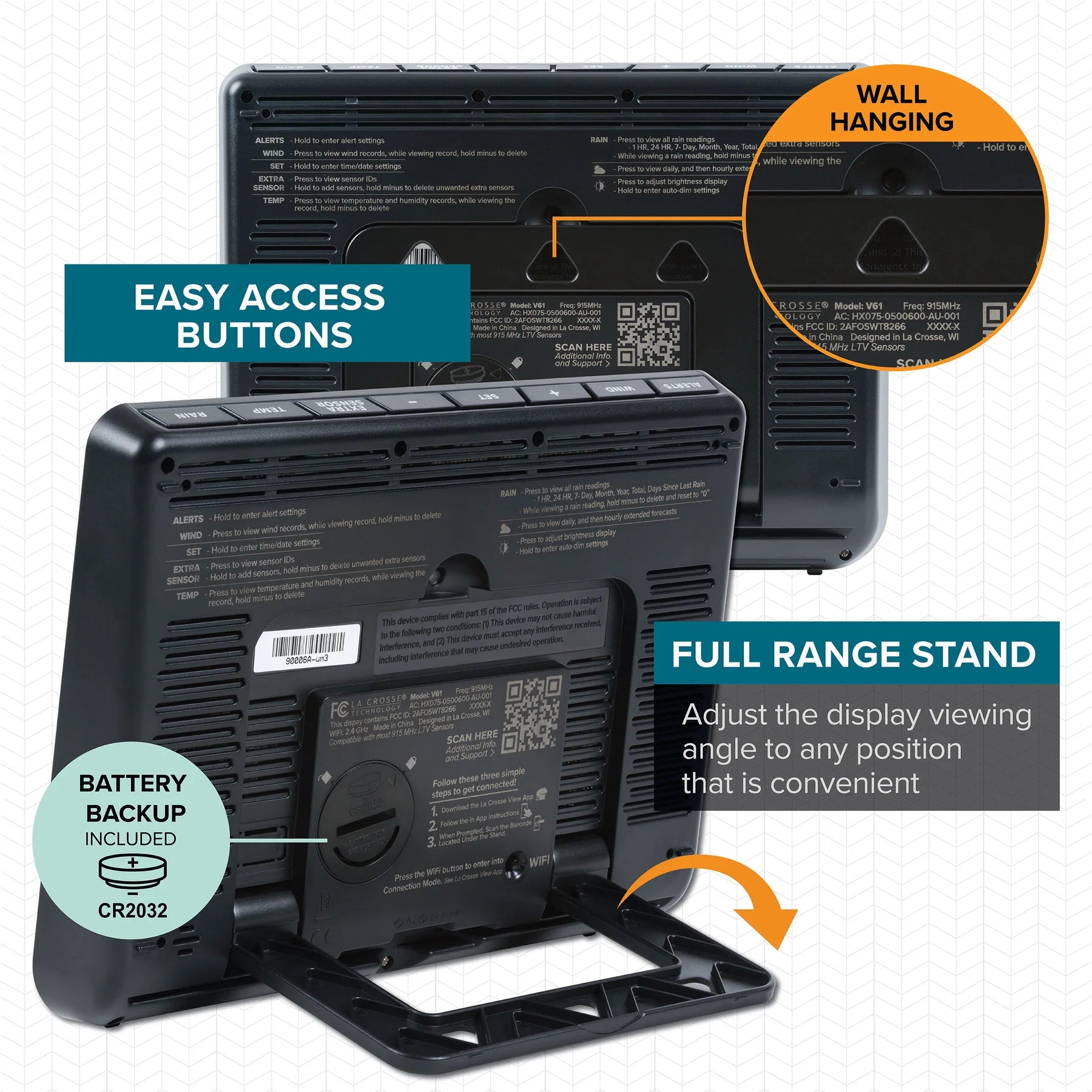 Rear of La Crosse V61 weather station display showing control buttons, wall-mounting points, CR2032 backup battery compartment and adjustable stand