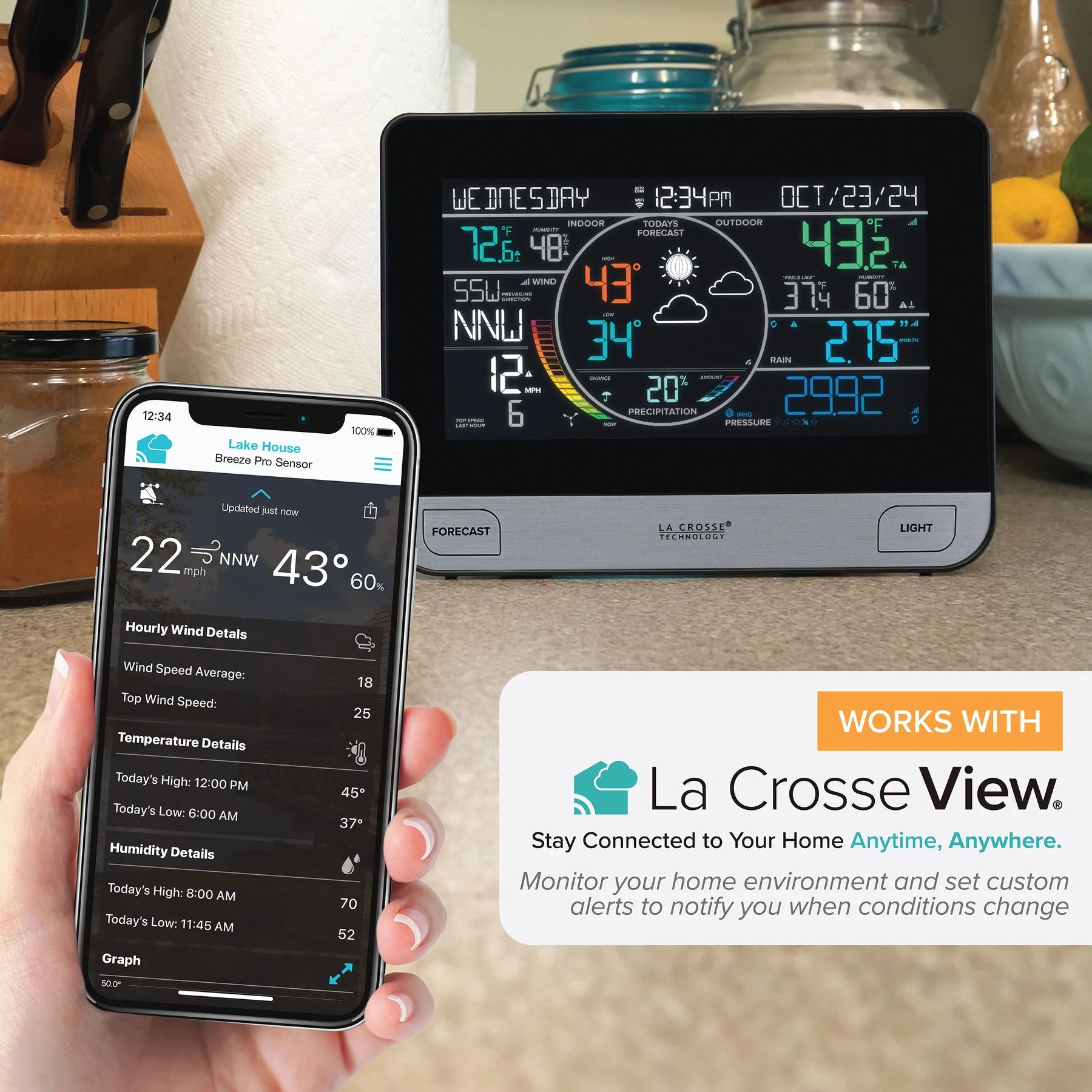 La Crosse V61 weather station connected to the La Crosse View app for remote weather monitoring from a smartphone