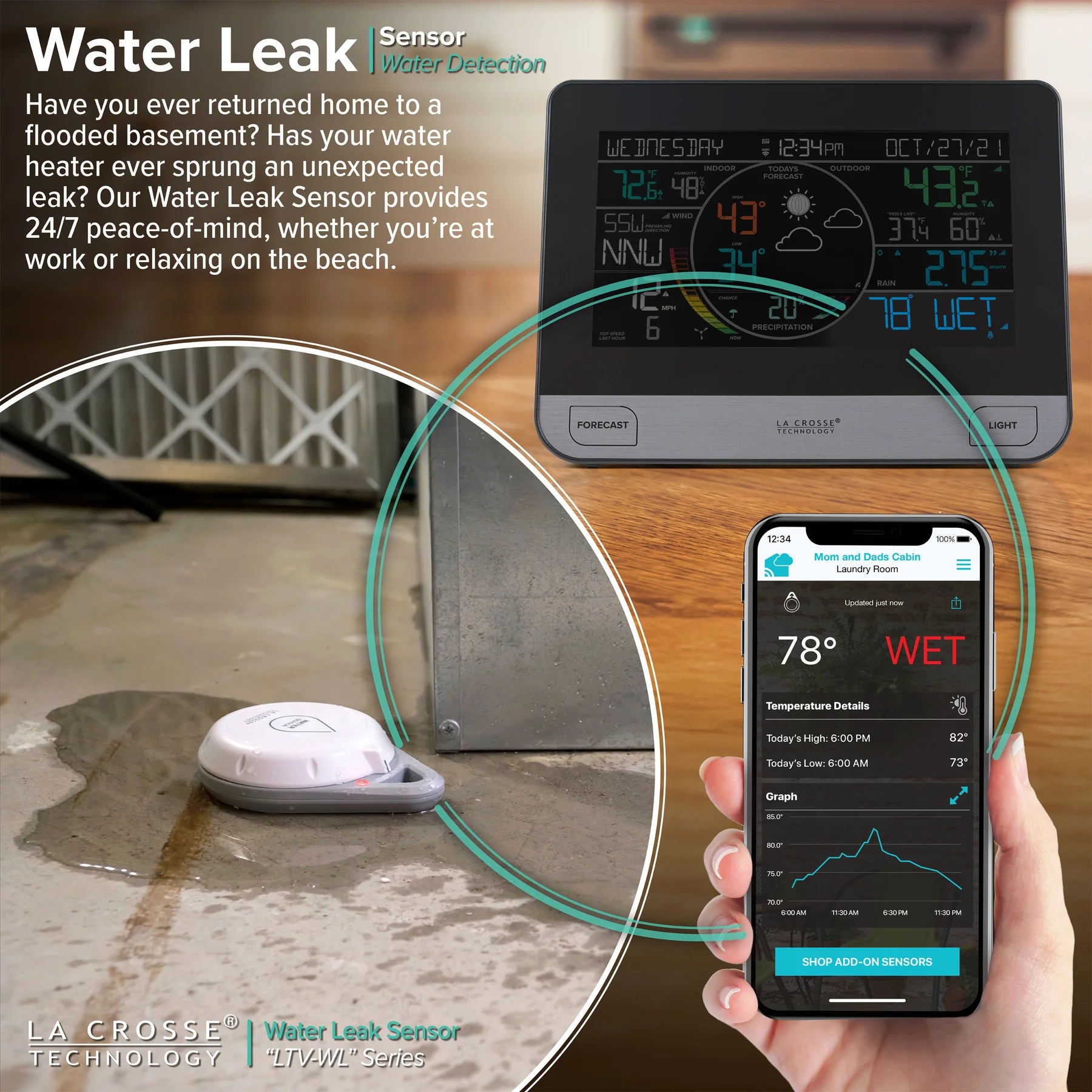 La Crosse View water leak sensor monitoring example with remote wet-condition notification on a smartphone