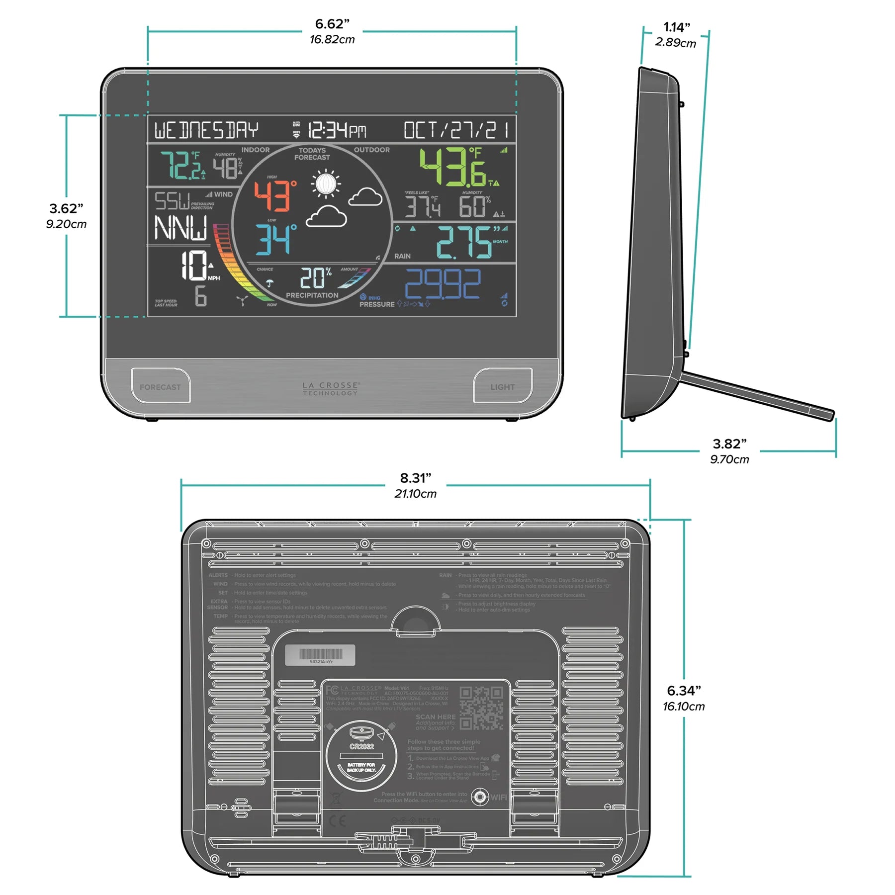 La Crosse V61 display front, side and rear dimensions with adjustable stand measurements
